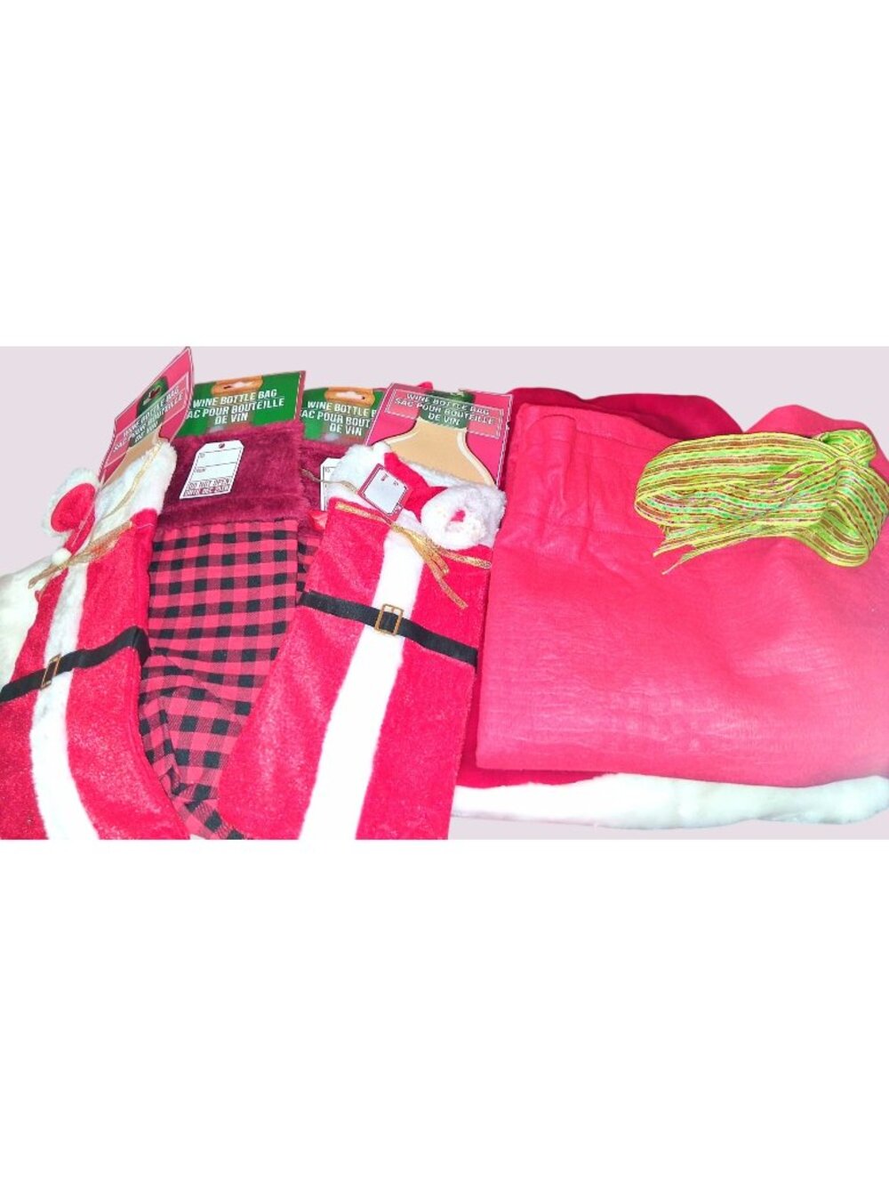 Set Of 5 Holiday Wine Gift Bags & Large Red Felt Sack With Ribbon Tie 26x50 Inch